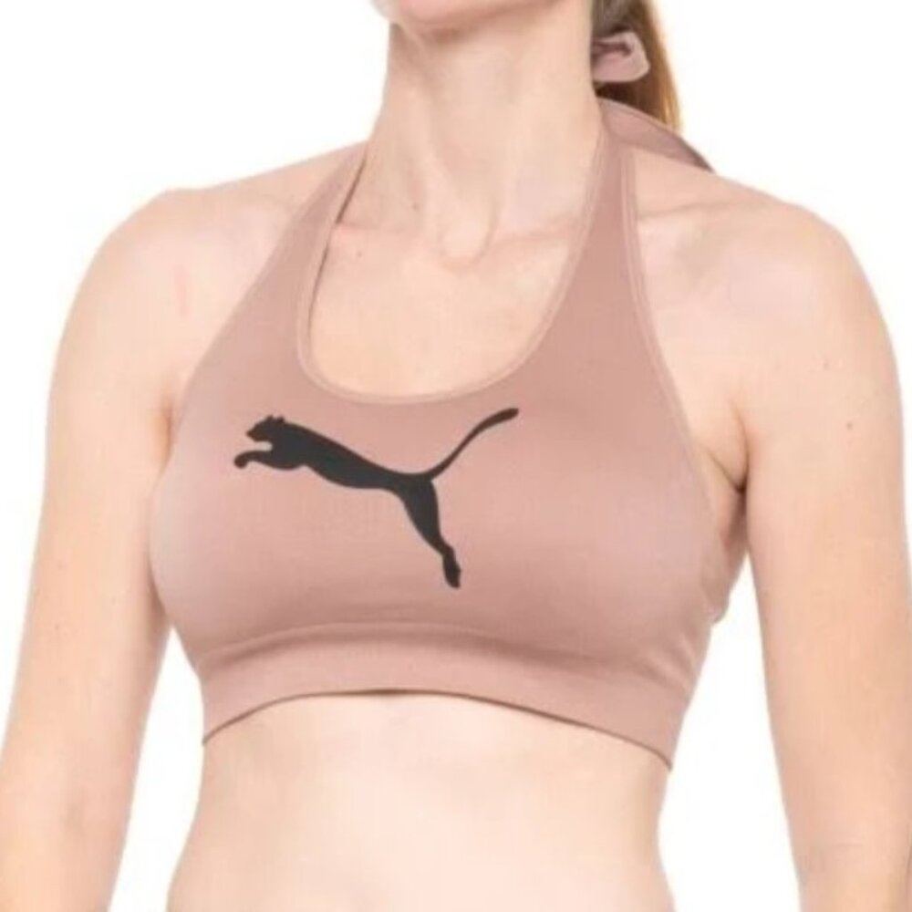 NWOT PUMA Seamless Halter Sports Bra Logo Print in Nude, S